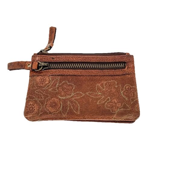Fossil Vintage Leather Floral Stitched Card Holder Wallet - Picture 1 of 10